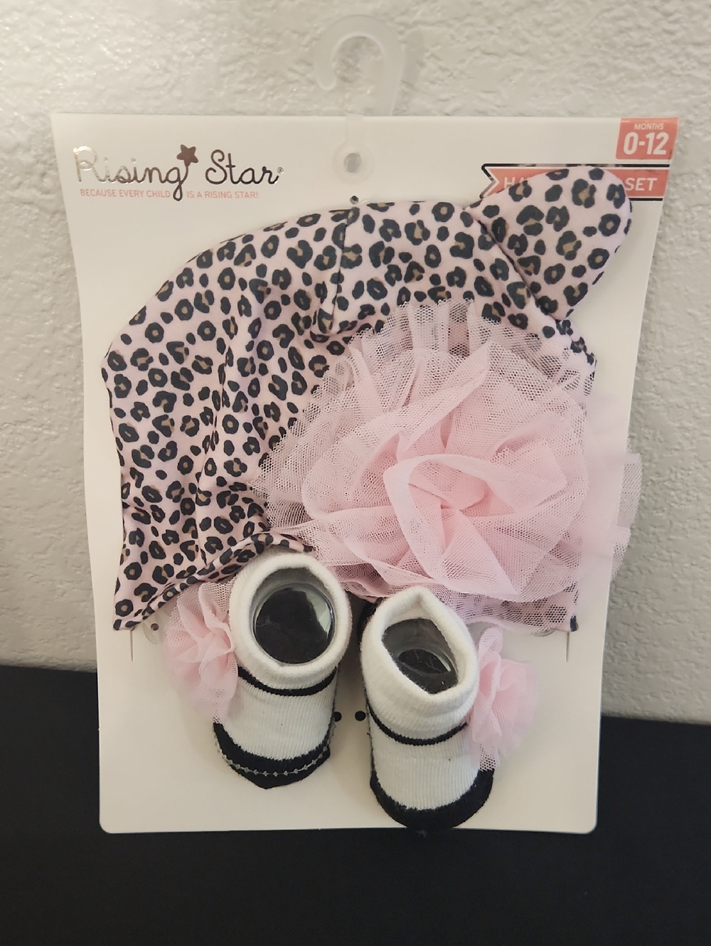 Rising Star Pink Leopard Print Hat & Sock Set with Tulle Flower